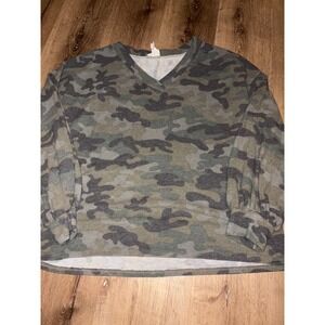 Camo‎ Print V-Neck Long Sleeve Pullover Top Comfortable Casual XL